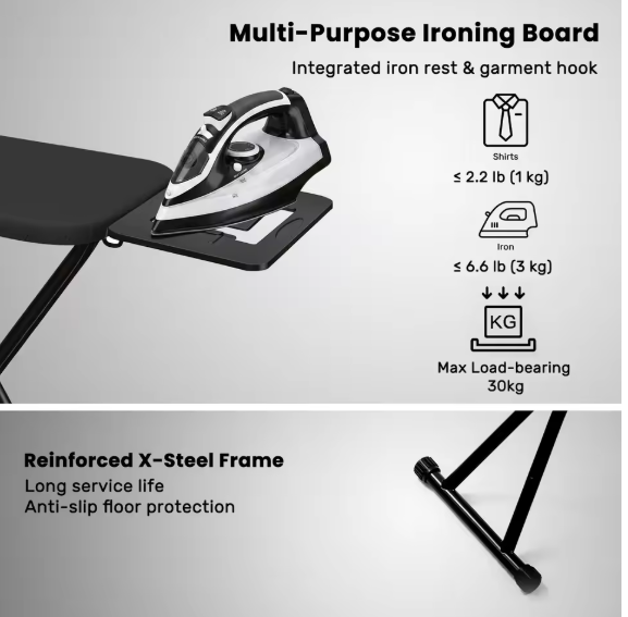Compact Foldable Ironing Board 118x30cm, Adjustable Height 70-83cm Sturdy Steel Frame with Iron Holde